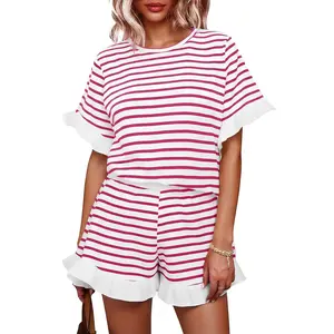 Womens 2 Piece Striped Shorts Set Ruffle Short Sleeve Tops Hight Waist Shorts Matching Sets Summer Vacation Outfits