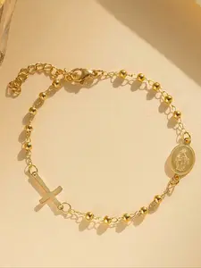 1pc 3mm Rosary, Stainless Steel Virgin Mary Bracelet, Cross Charm Bangle, Gift For Valentine's Day, Mother's Day, Ins Style Design, Suitable For Daily Wear, Gift For Friends, Family, Couples, Birthday And Holiday