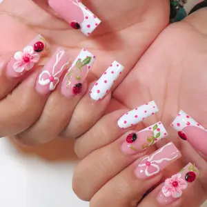 24pcs long square press on acrylic nail with 3D gelx nails five-petal flower design, red and white polka dot bow, french tip nails, cute ladybug embellishment, green leaves, suitable for dates and other occasions fake nails, DIY Nail Art, Nail Tips Art