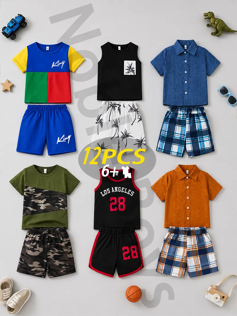 6 sets of boys' casual fashion suits, high-quality high-quality short-sleeved suits, new summer multi-piece, shirt fashion suits, suitable for leisure outdoor sports