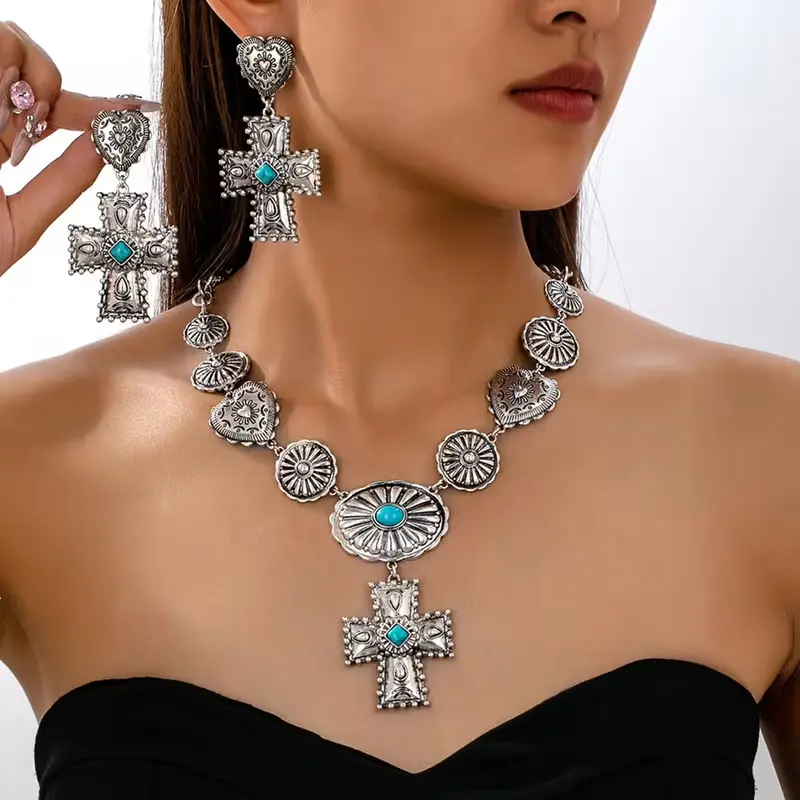 Women's Fashion Jewelry Sets - 3-Piece Vintage Bohemian Textured Heart & Cross Pendants with Turquoise Inlay, Necklace & Earrings, Jeweled Cross Pendant, Colorful, Cowgirl Style, Cute Everyday Western Charm Jewelry, Jeweled Cross Pendant Jewelry Sets