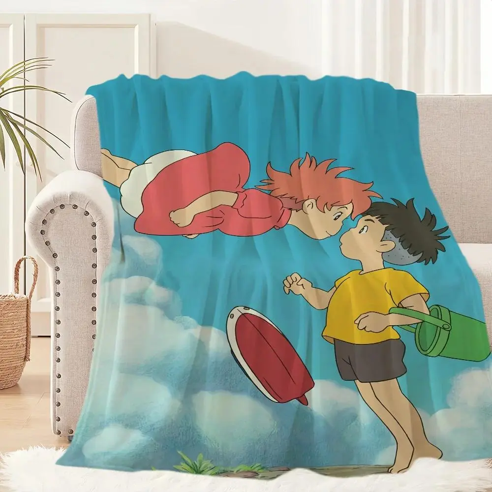Ponyo Anime Flannel Blanket - Cozy, Wrinkle-Resistant Plush Nap Throw for Living Room, Christmas Watch Party, Cute Kawaii Anime Blankets Gift for Cozy Setup