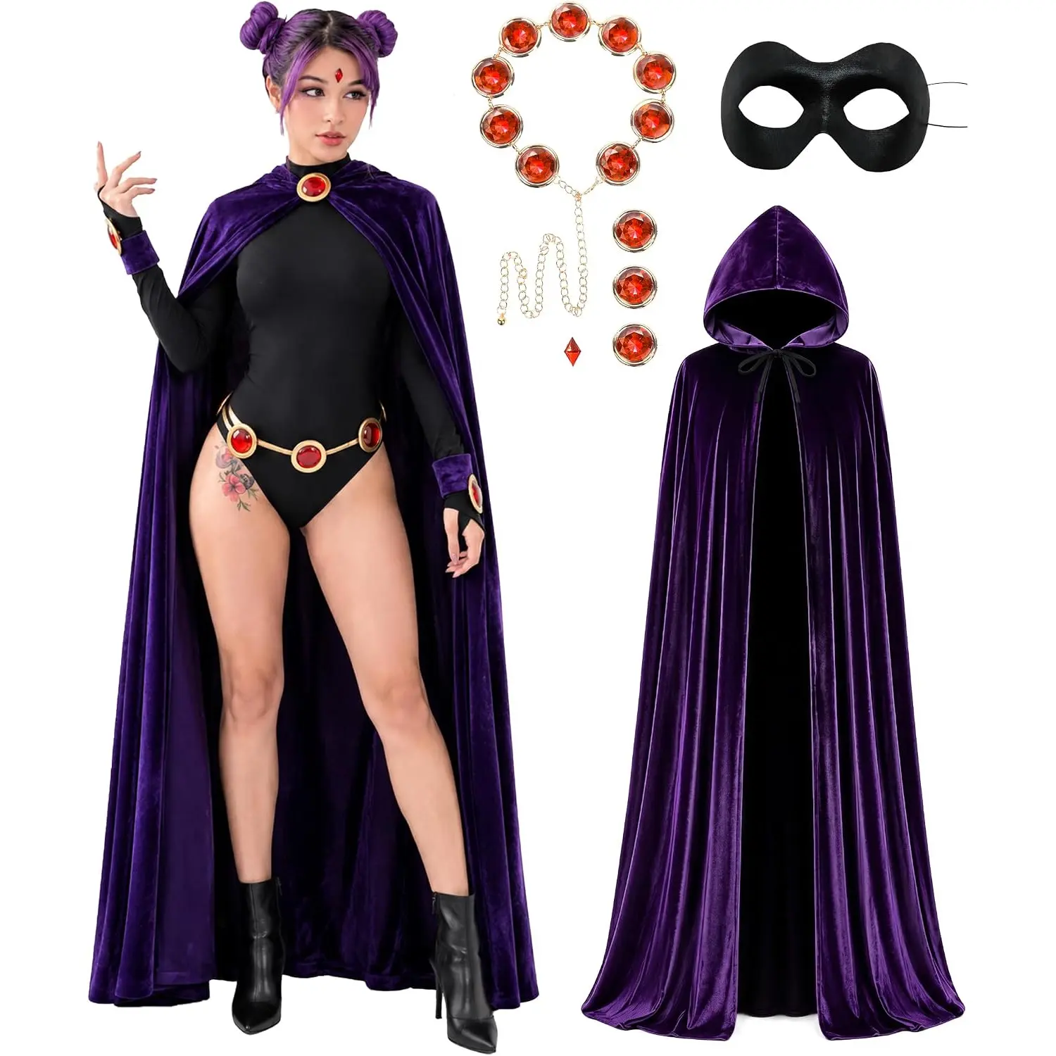 Raven Costume for Women Halloween Cosplay, Purple Hooded Cape Cloak Red Stones Waist Belt, Costumes Props, Eye Mask