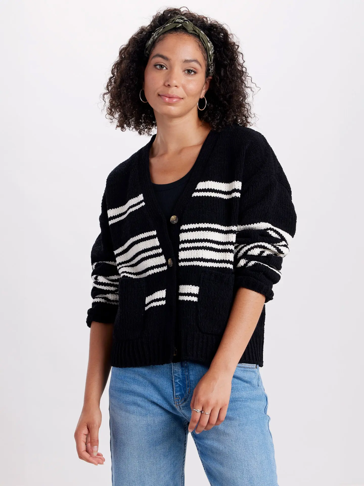 Women's Casual Striped Chenille Yarn Button-Front Cardigan - Soft Long-Sleeve Knit Sweater Top with Pockets, Polyester Knitwear, Rib Detailing, Hang Dry Care