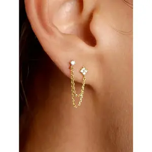 Rhinestone Decorated Double Layered Chain Dangle Earrings, Fashionable Earrings