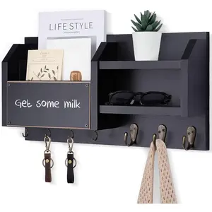 Mail and Key Holder – Wall Mount Key Hanger with Shelf and 7 Metal Hooks – Decorative Natural Paulownia Wood Entryway Organizer with Mounting Hardware (16.5”W x 8.7”H x 3.5”D) (Black)