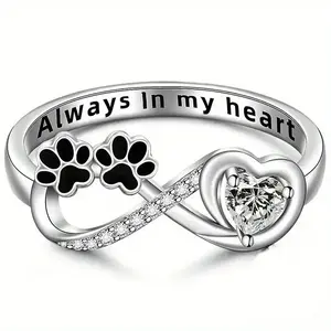 Elegant 925 Sterling Silvery Pet Paw & Wing Ring - Cute Animal Jewelry Gift for Pet Lovers, Cubic Zirconia Accents, Perfect for Casual Attire