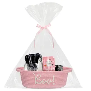 Halloween Boo Gift Basket Set with Handles Include Woven Basket Gift Bags and Ribbons 1 Boo Thank You Cards with White Envelope for Halloween Trick or Treat Party Favor Supplies (Pink)