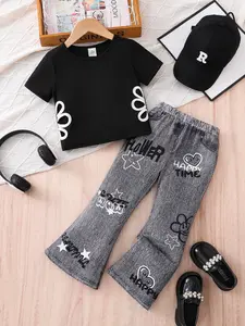 Girls' Summer Set, Short Sleeve Top + Elastic Waist Fun Print Bell Bottom Pants, Casual Daily Wear for Parties