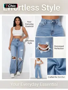 Women's High Waist Wide Leg Denim Jeans, Summer Casual Loose Fit Jeans, Stylish Ripped Distressed Design, Comfortable All-Day Wear
