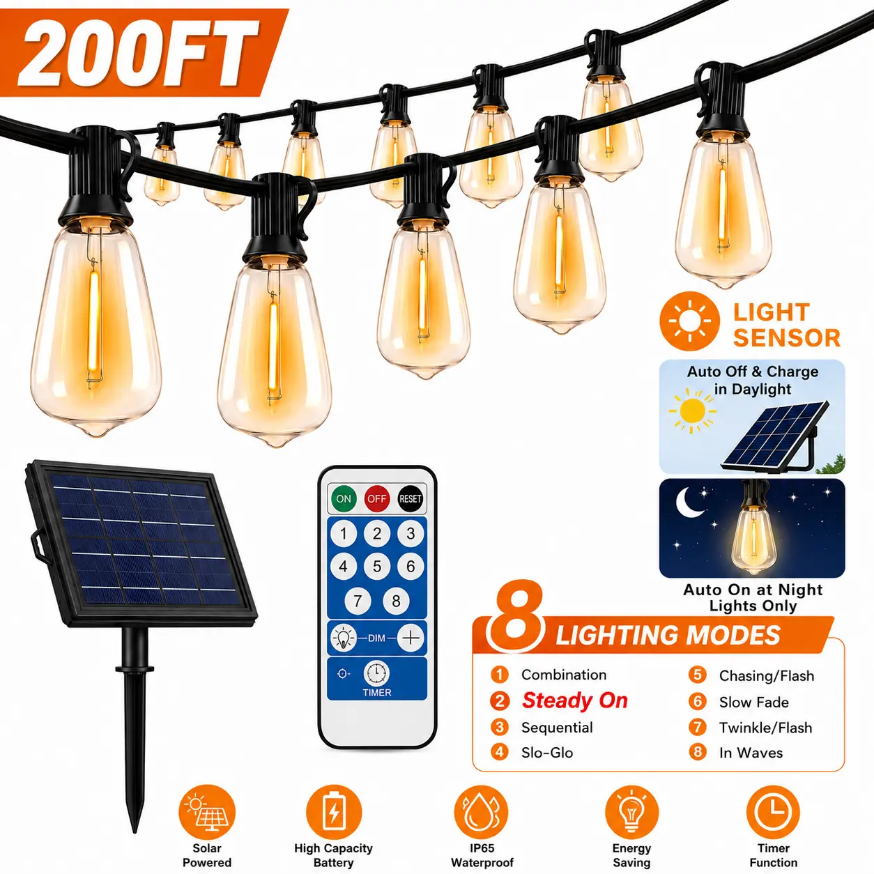 【GLEAM】100FT Solar String Lights, Light Sensor Activated (Day Charge/Night Auto On), Waterproof & Shatterproof, 8 Modes with Dusk to Dawn and Dimmable, Great for Patio, Porch, or Garden