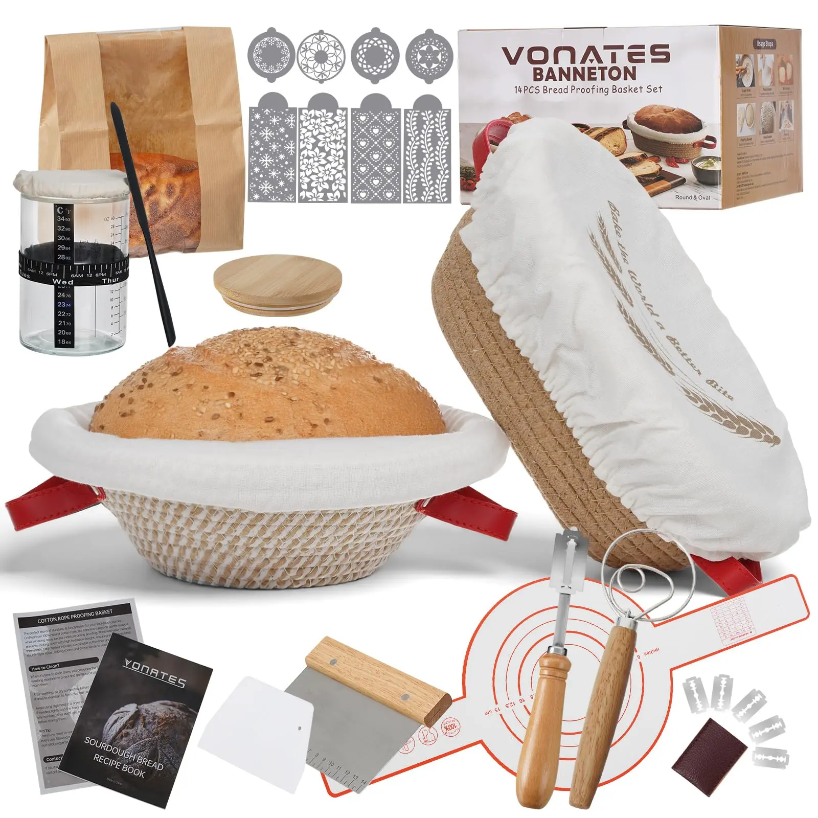 Sourdough Bread Baking Supplies, Sourdough Starter Kit, Cotton Rope Banneton Bread Proofing Basket, 40oz Sourdough Starter Jar, Sourdough Proofing Basket, Bread Making Tools for Mom, Bakers, Women