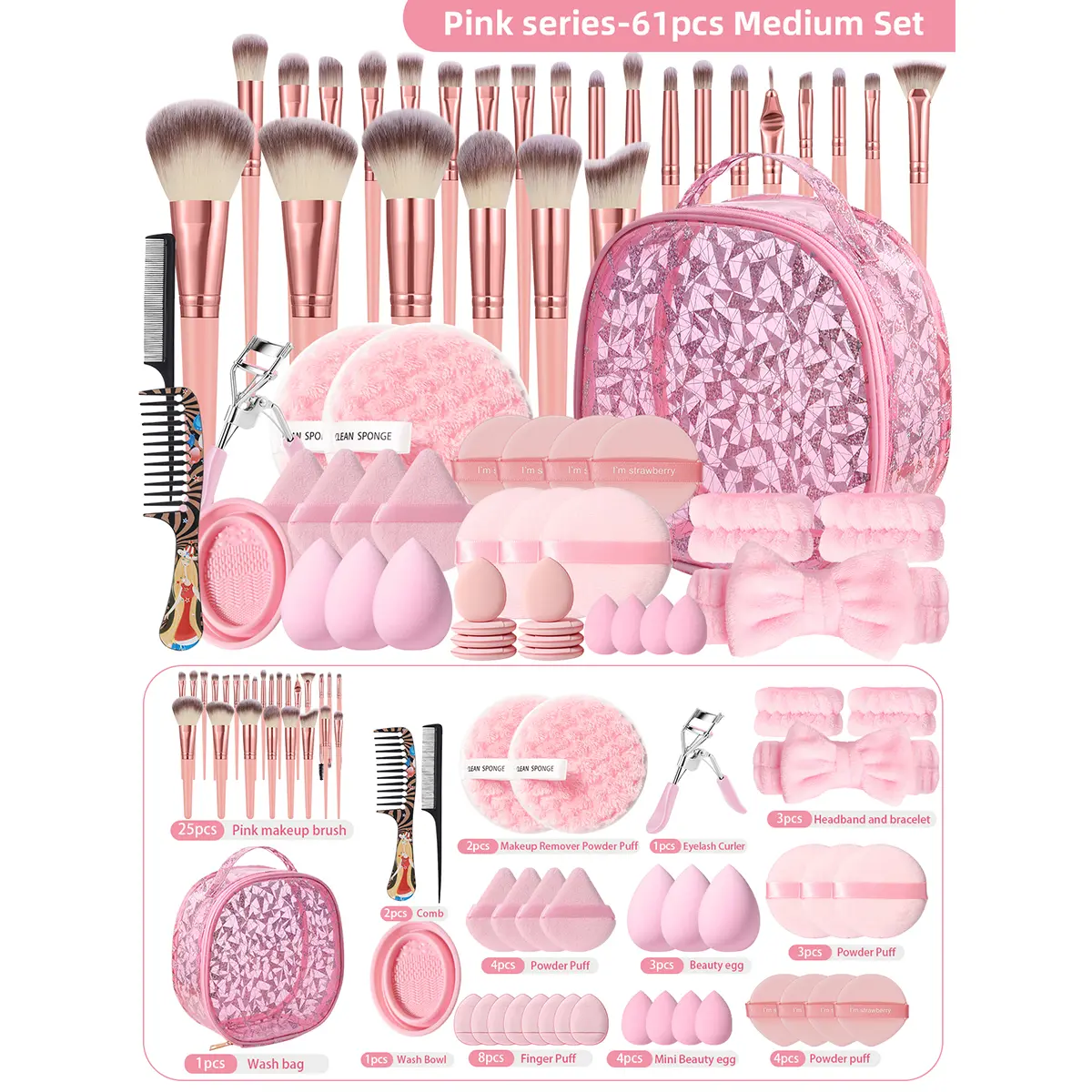 60Pcs Professional Makeup Brush Set - Multi-Functional Full Face Kit with Sponge, Silicone Cleaner, Headband, Hand Bowl Strap, Waterproof Cosmetic Bag for Beginners (Flawless Skin for Daily Use, Travel)