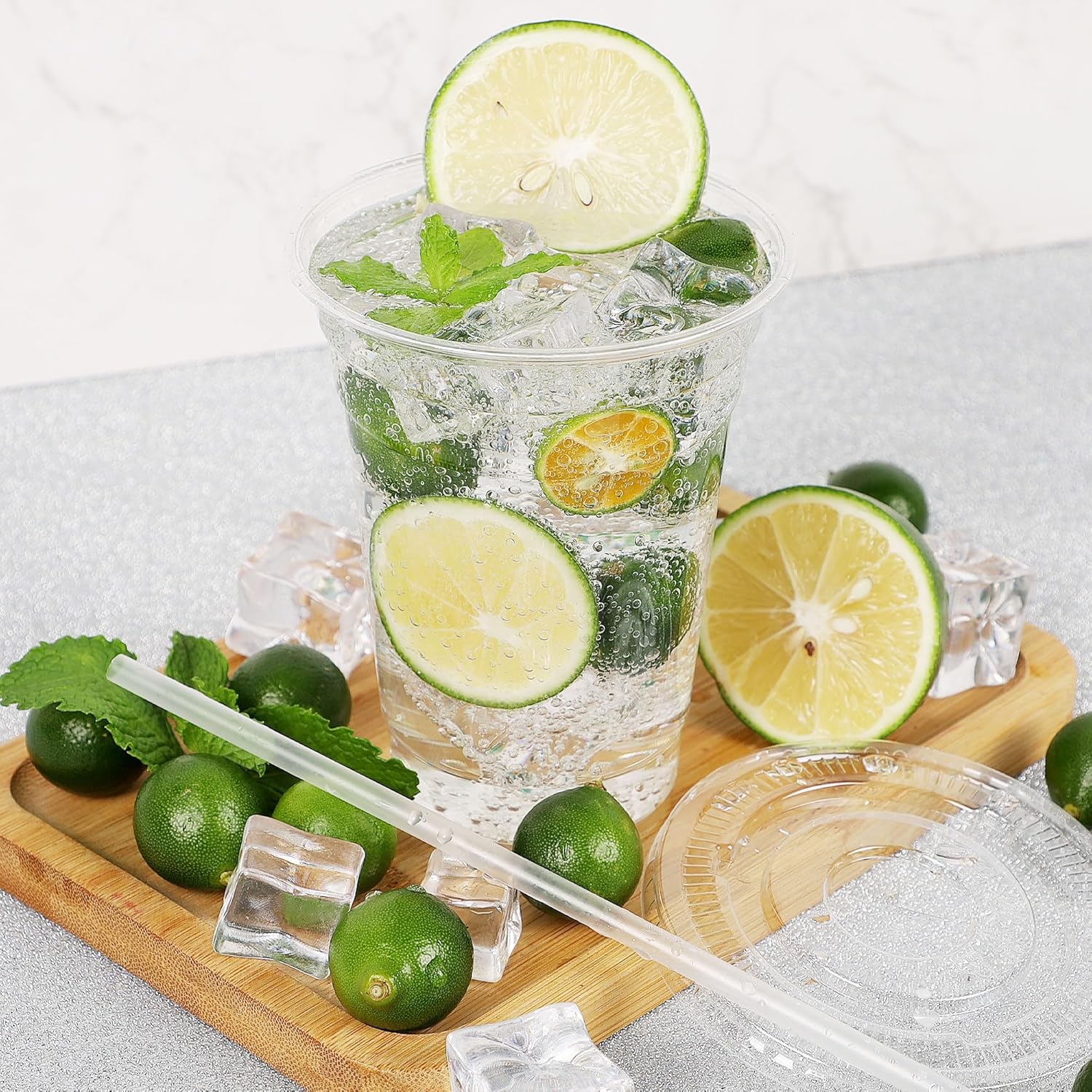 16oz Clear Plastic Cup with Straw & Lid, 50 Sets Disposable Coffee Cup, Disposable Tableware for Party & Takeaway Drink, Plastic Clear Cups