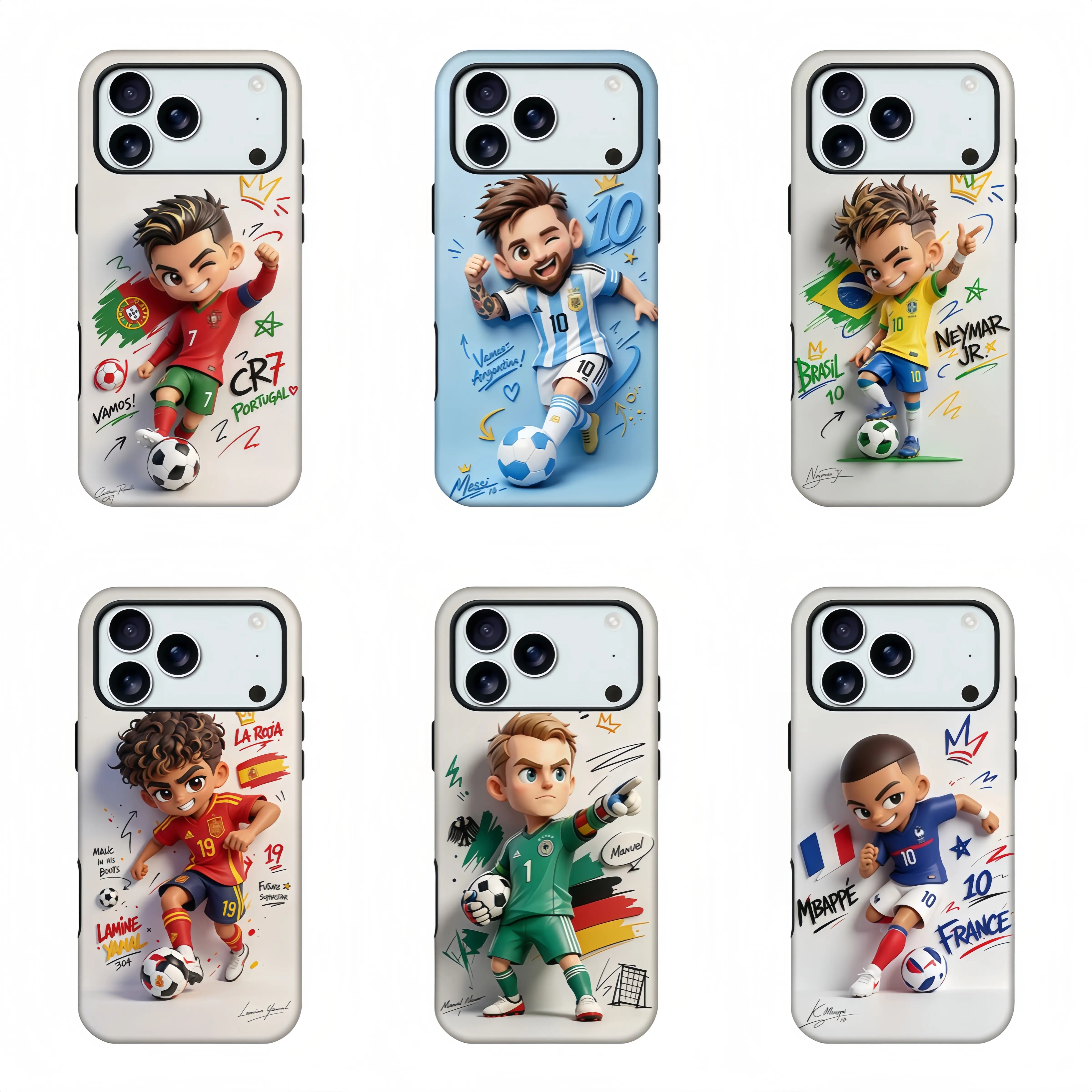 Cute 3D Cartoon Football Superstar Phone Case,Football Fan Merch Phone Shell,Messi Neymar Mbappe CR7 Ronaldo Animate Soccer Player National Flag Graffiti Print Shockproof Protective Cover For iPhone11 12 13 14 15 16 17 pro max and Samsung.Perfect gift