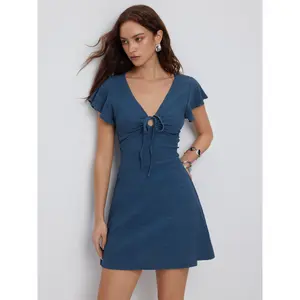 Cider Textured V-neck Ruffle Sleeve Knotted Ruched A-line Mini Dress Dealsforyou