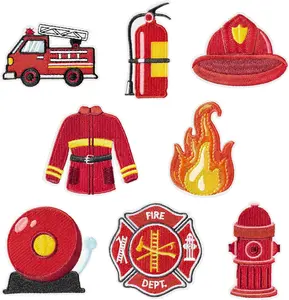 8Pcs Firefighter Iron on Patches Cartoon Firetruck Fire Extinguishers Helmet Sew on Repair Embroidered Applique Fireman Firefighting Role Play Costume DIY Craft Gift for Clothing Backpack Hat