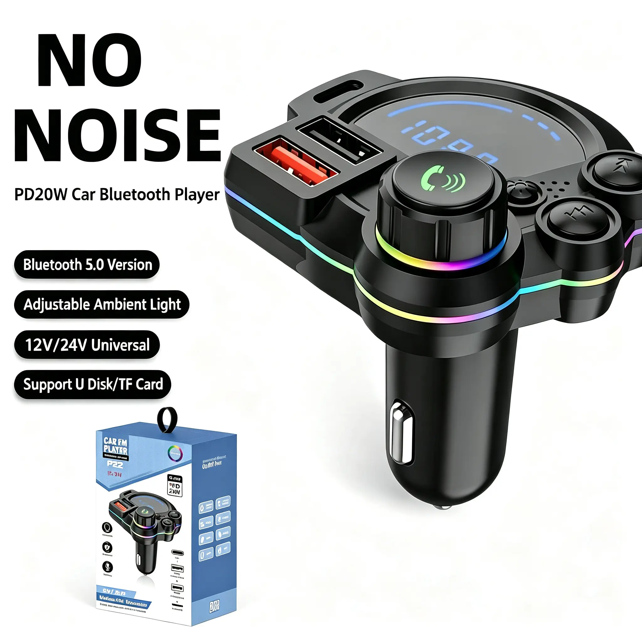 Car MP3 Player Bluetooth 5.3 FM Transmitter with RGB LED Light PD/USB-C Fast Charger Supports TF Card & USB Disk, Car Essentials  Hands-Free Calling, Car Accessories, Bluetooth Car Adapter