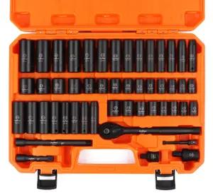 3/8" Drive Impact Socket Set, 50-Piece Standard SAE (5/16 to 3/4 inch) and Metric (8-22mm) Size, 6 Point, Cr-V, 3/8-Inch Drive Ratchet Handle, Drive Extension Bar, Impact Universal Joint