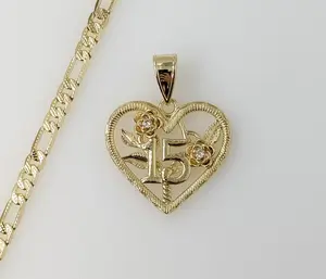 Plated Heart "My 15" Quince 4mm 14K Diamond Cut Figaro Chain Necklace