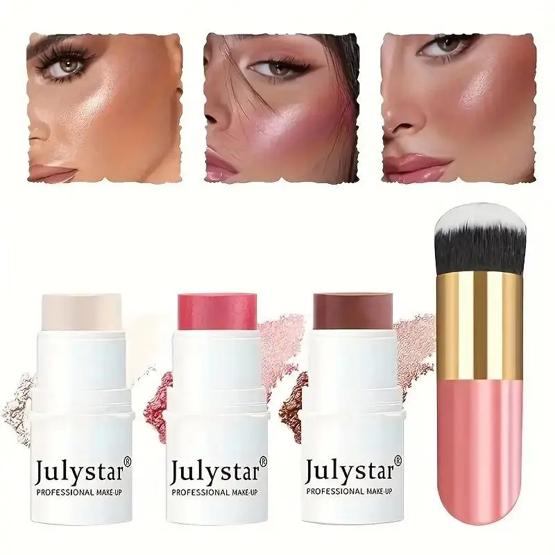 4-piece cream contour stick set, including a Shimmering Light Highlighter stick, blush, and bronzing stick, paired with a brush, the texture is silky, radiant, with a pearlescent shimmer, offers medium coverage, sculpts and brightens the face, Cosmetic