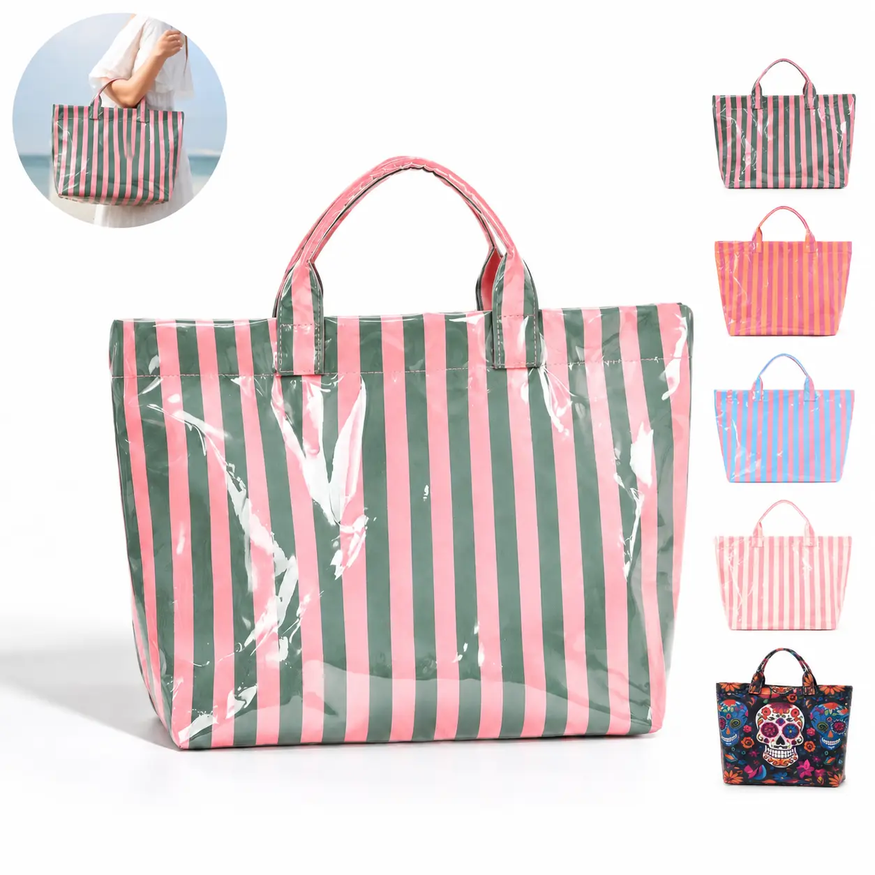 BIGWIG Women's Striped Glossy Pink PVC Lightweight Tote - Large Capacity Casual Carryall with Buckle Detail, Waterproof Shopping Bag for Work, Beach; Beach Bags