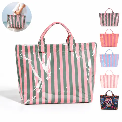 BIGWIG Women's Striped Glossy Pink PVC Lightweight Tote Bag - High-Capacity Casual Carryall with Buckle Detail, Top Handle, Waterproof Wipe-Clean Bag for Work, Beach