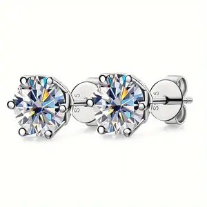 Tarnish Proof 925 Silver 1 Pair White Round GRA Moissanite Earrings Elegant Women Hypoallergenic Daily Wear Hypoallergenic