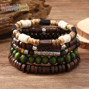 New Arrival Retro Multi-Layer Coconut Shell Bracelet Set - Boho Multi-Piece Wooden Bead Stackable Friendship Bracelets, Elastic Thread, Natural Handcrafted Vintage All-Match Lightweight Casual Soft Stretch Wrist Jewelry for Leisure & Outdoor Use