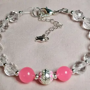 Stunning Clear Quartz & Pink Chalcedony Crystal Bead Bracelet with Extension chain 6"-8.5"