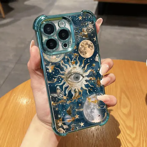 Sun-Eye Star Mantle Pattern Phone Case, Electroplated Cover with Airbag Shockproof Slim Soft TPU Cover for iPhone X 11 12 13 14 15 16 17 18 Pro Max Plus Air