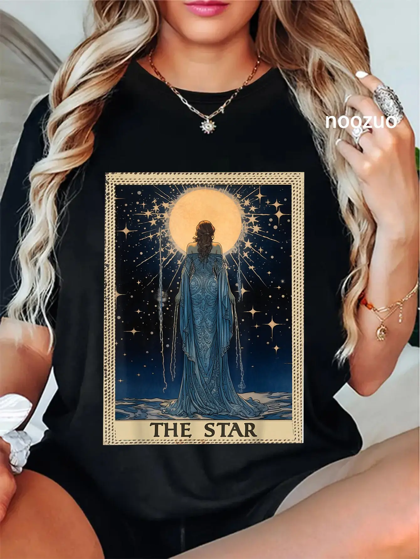 Women's 100% Cotton Tops, Whimsical Star Tarot Print T-Shirt with Round Neck, Cute Short Sleeve Casual Fit for Everyday Wear