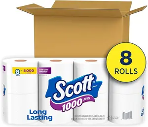 Scott 1000 Toilet Paper, 8 Rolls, Septic-Safe, 1-Ply Toilet Tissue Sheets Wipes