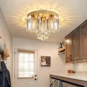 Gold Glam Chandelier Crystal Ceiling Light for Bedroom Lighting Fixtures LED Drum Light for Dining Room Kitchen Entrway Foyer Crystal Pendant Drops Light