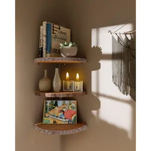 3Pcs Rustic Wood Corner Floating Wall Shelves for Decor Storage, Wall Mounted Corner Shelf Suitable for Kitchen Bedroom Office Living Room