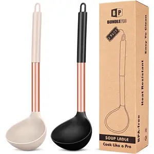 Set of 2 silicone large ladle spoons, nonstick, high heat resistant, BPA free kitchen tools for cooking, stirring, serving soups (Rose Gold, Black/Khaki)
