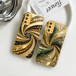Luxury Gold-Plated Edge Case Liquid Swirl Glitter Glass Cover for Galaxy Note20 ---975