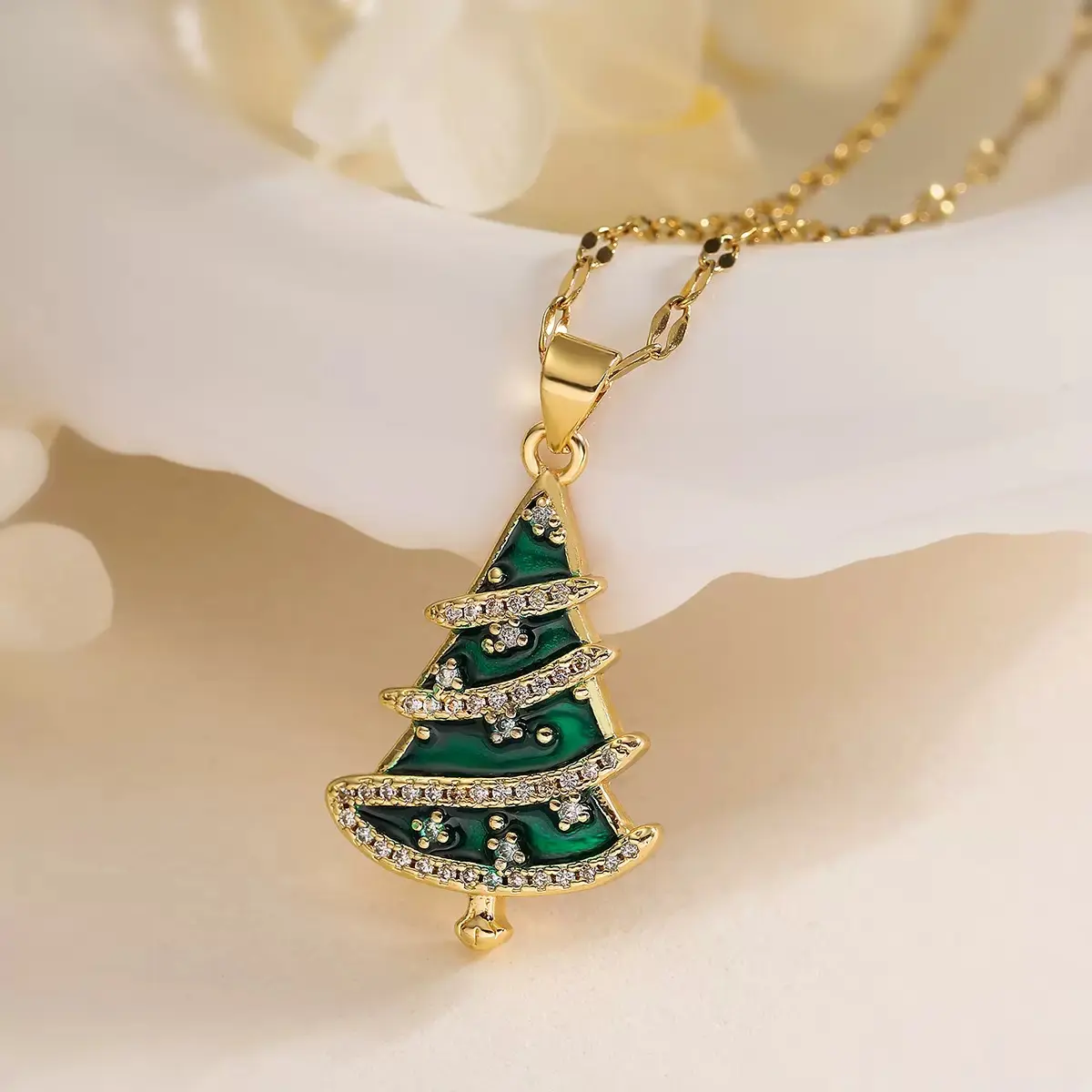 Holiday Christmas Tree Pendant Necklace for Women, Gold-Tone Zircon Design, Chic Festive Jewelry Accessory DZXL3784