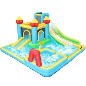 Whubefy Inflatable Swimming Bounce House Water Slides.Bounce Castlefor Kids 3-10 yr,13FTx12.5FT Bouncy House Water Park for Backyard with 2 Splash Slides,Climbing Wall,Basketball Hoop,Deep Pool, 550W Blower Included,Indoor and outdoor