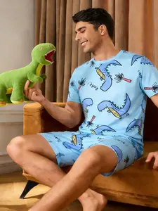 Viral TikTok Men's Dinosaur Pajama Set - Lightweight Stretch Fitted Fabric Short Sleeve Sleepwear, Fun Graphic Print Loungewear for Cozy Nights In, Trending Comfy Home Outfit, Perfect for Lazy Days & Sleepovers Pyjamas Pjs