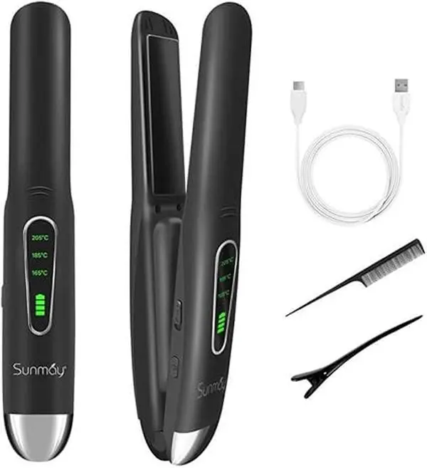 SUNMAY Voga Cordless Hair Straightener & Curler 2-in-1, Portable Travel Essential Rechargeable Flat Iron, Fast Heating Mini Hair Styler for Gym & Touch-ups, USB-C Hair Tool for All Hair Types-Black