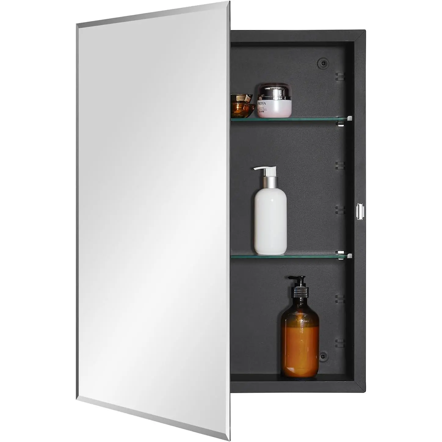 Black Bathroom  Cabinet with Beveled Edge Mirrored Door 20 x 26 inch, Recessed or Surface Mount, with Adjustable Glass Shelves