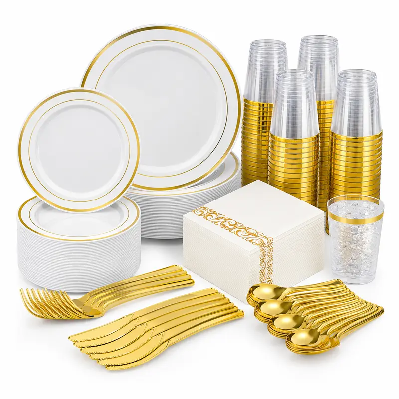 Disposable Multi-Piece Dinner Set (350/700 PCS) - Gold 350pcs Strong Plastic Plates, Cups, Forks, Napkins, Sturdy Tableware, No Cleaning Needed for Parties, Weddings