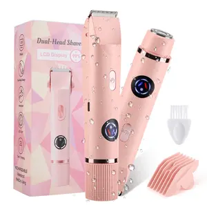Dual Head Bikini Trimmer for Women, IPX7 Waterproof Wet & Dry Electric Body Shaver with LED Light & LCD Display, R-Shaped Dual-Ring Foil Blades Painless Hair Remover for Legs Underarm Bikini Sensitive Zones, 400mAh Rechargeable Low Noise Grooming Tool