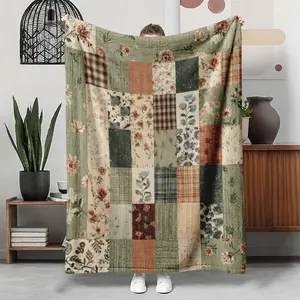 Vintage Patchwork Flannel Blanket, Cottagecore Floral Quilted Print Soft Throw, Cozy For Couch Bed Living Room, Farmhouse Home Decor Gift For Her Mom Girlfriend Friend Bestie