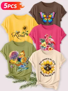 Women's 5-Pack Casual Short Sleeve Crew Neck T-Shirt, Graffiti Heart Dandelion Floral "Hope" Slogan Print, Multiple Colors, Machine Washable, Spring & Summer Top, Soft Skin-Friendly Fabric, Daily Wear, Fashion Design