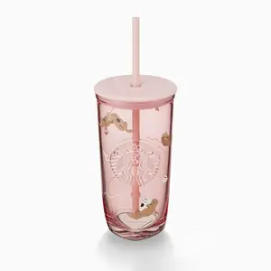Starbucks Overseas 2025 Valentine's Day Pink Otter Glass Straw Cup 16oz/473ml Gifts