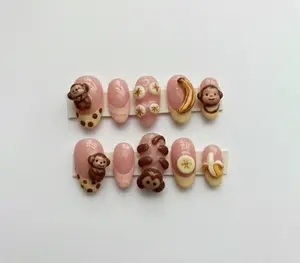 Kawaii 3D Monkey Press On Nails: Handmade Banana Polka Nail Art