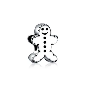 Sterling Silver Holiday Christmas Fun Gingerbread Man Cookie Shape Charm Bead Oxidized for Bracelet