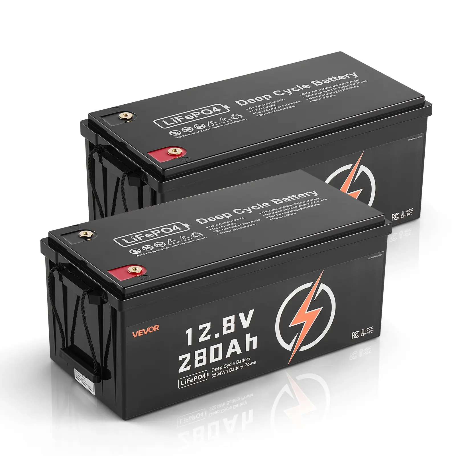 VEVOR 2-Pack 12.8V 280Ah Lithium Iron Phosphate (LiFePO4) T14 Deep Cycle Batteries, Built-in BMS, 15000 Deep Cycling Cycles, 10-Year Lifetime, Low Temp Protection, for Solar Home Storage, Boats, Trolling Motors